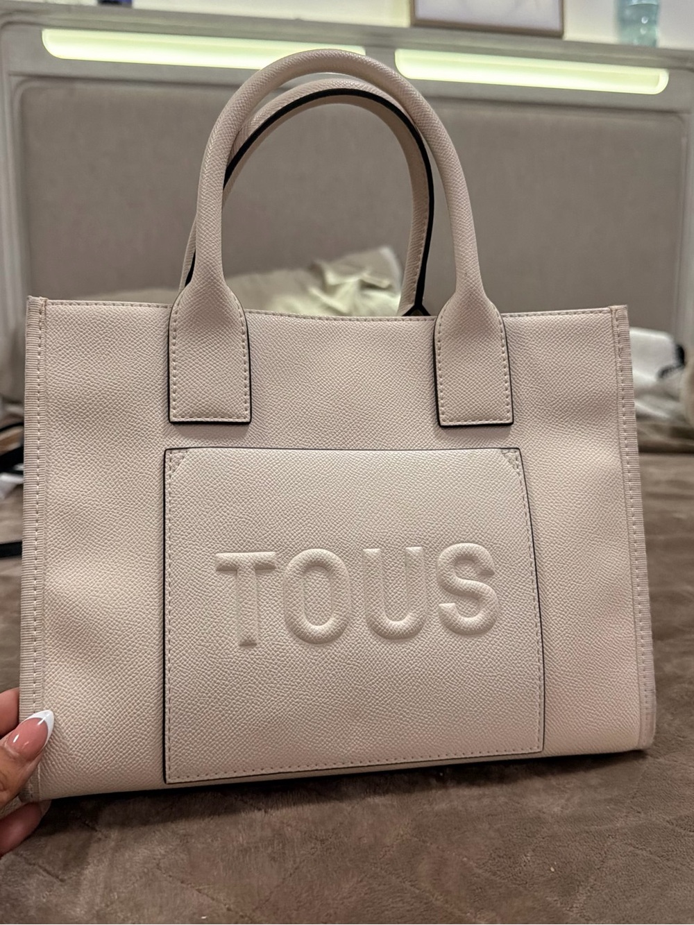 TOUS Pale Beige Embossed Logo Leather Tote